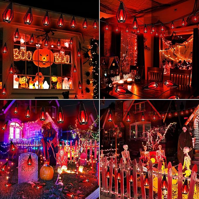 iBaycon Solar Halloween Lights, 42Ft 15 LED Bulbs Flickering Flame String Light - Image 2