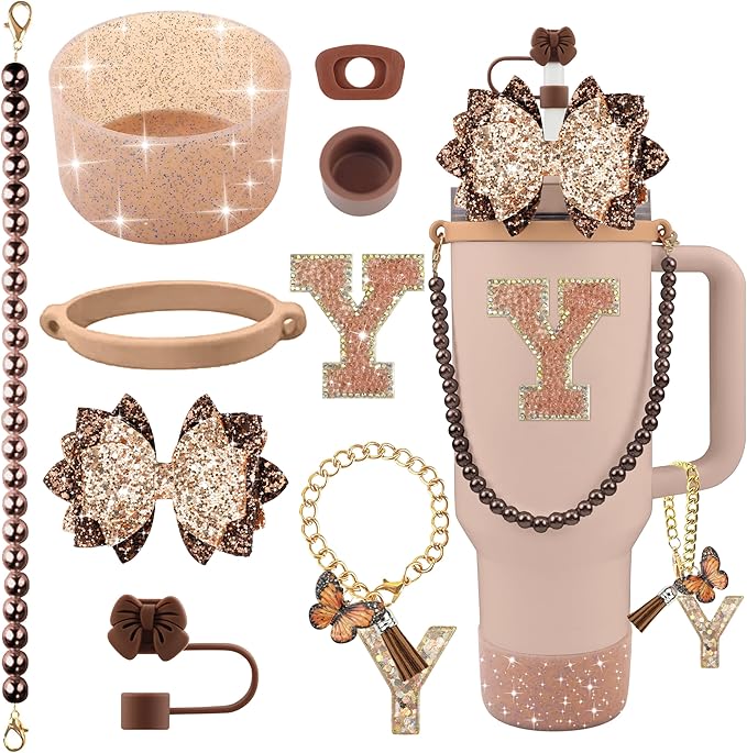 9PCS Brown for Stanley Cup Accessories Set Bling Initials Bow Charms for by Unknown