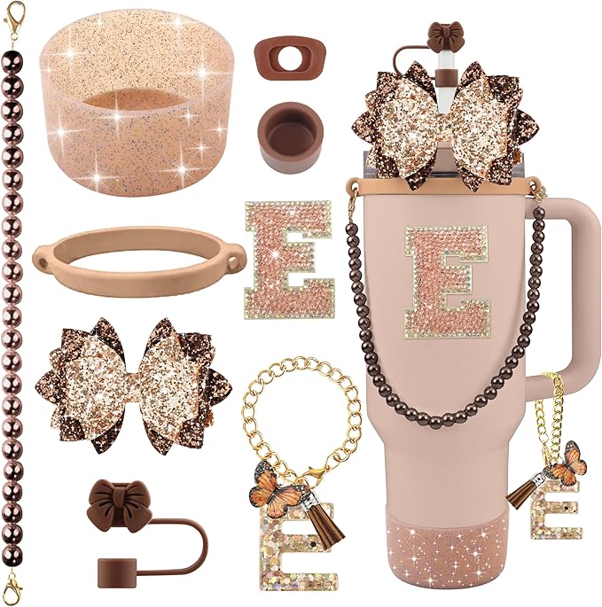 9PCS Brown for Stanley Cup Accessories Set Bling Initials Bow Charms for by Unknown