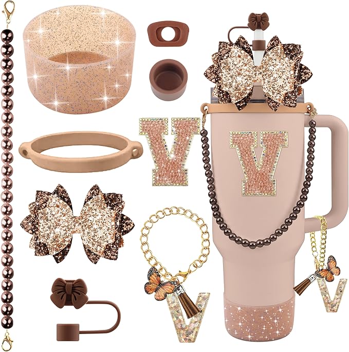 9PCS Brown for Stanley Cup Accessories Set Bling Initials Bow Charms for by Unknown