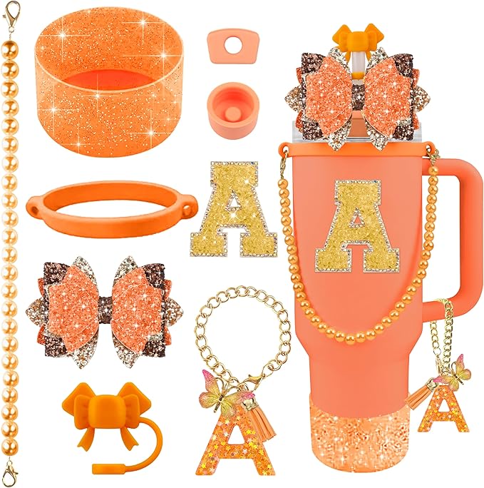 9PCS Orange for Stanley Cup Accessories Set Bling Initials Bow Charms for by Unknown
